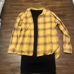 Grunge Y2K Gold Flannel And Black Dress Outfit, Ladies Size S, Mix N Match